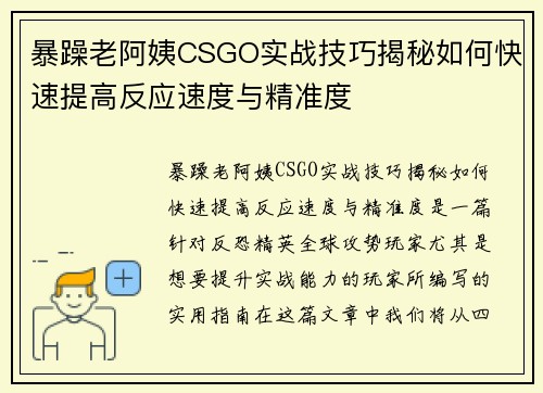 暴躁老阿姨CSGO实战技巧揭秘如何快速提高反应速度与精准度